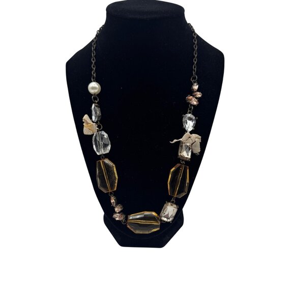 Statement Necklace With Amber & Clear Beads Rhinestone & Pearl Accent - Picture 1 of 5